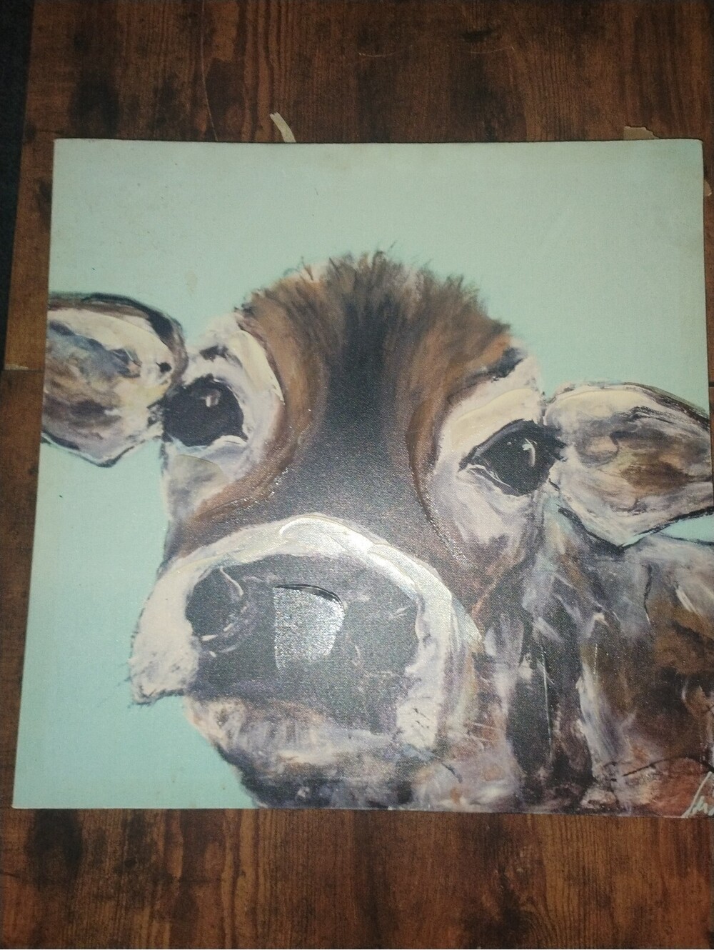 Hand Painted Cow Canvas Wall Art Sweet Jersey Cow Portrait Mint Green Background